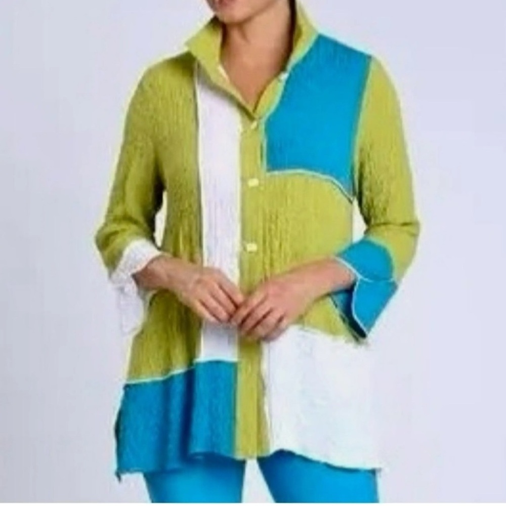 Ali Milles Artistic Top Color-blocked Crinkle-Textured Tunic Blouse Size L